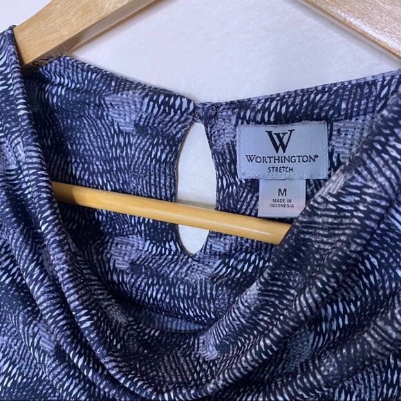 Worthington Gathered Neck Black White Pattern M - Picture 4 of 11
